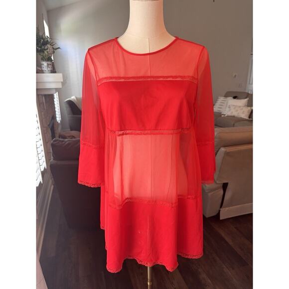Womans Vintage Nightgown Nighty Sheer Lingerie Lorraine Short Red Size Small 70s - Picture 2 of 8